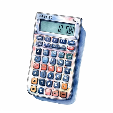 Calculator watercolor,simple Watercolor, hyper realistic, white background, white margins, 16k, ultra detailed clipart, cut out image, hand - drawn, whimsical manhwa style, ultra HD, sharp and clean art