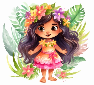 cute adorable little hawaiian princess character watercolor clipart, disney, pixar