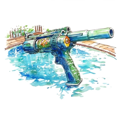 a Pool Party water gun in the style of watercolour clipart with detailed brush strokes