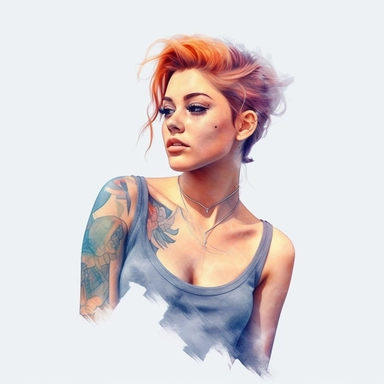 watercolor style, a beautiful girl with clearly visible tattoos, type of a creative person: graphic designer, freelancer, fashion designer, content manager or similar. Expressing freedom and self confidence. Modern and bold look. Realistic colors. Realistic picture. Tattoo of a good quality with clearly visible lines and colors - very sharp and clear. Clipart, isolated on white background, 4K