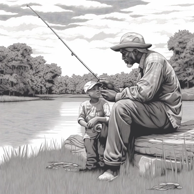hyper-realistic line drawing of full body images of Modern elderly black man & his young grandson fishing in the middle of river, scene is quiet and serene as green nature surrounds them in background, the men are contemplative and in a peaceful mood, detailed facial expressions, intricate detail, modern clip art, editorial magazine cartoon style, 8k, 16:9