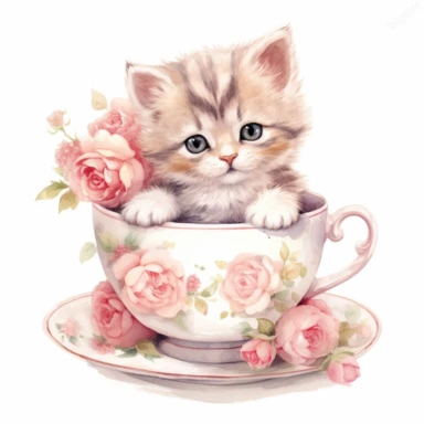 cute little kitten and vintage roses arranged in a vintage teacup, pink pastel colors, light watercolor, few details, dreamy, Studio Ghibli, clipart, white background