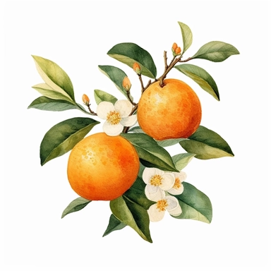 This highly detailed watercolor clipart features a captivating orange fruit surrounded by delicate leaves and blossoms in the background. The artwork exudes a serene and natural ambiance with its neutral color palette, presented against a clean white backdrop. The orange is meticulously rendered, showcasing its textured peel and vibrant hue, while the surrounding leaves and blossoms add a touch of botanical elegance. The watercolor technique adds depth and realism to the clipart, creating a visu