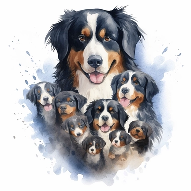 Loving Bernese Mountain Dog surrounded by a loving family, with its head held high and a heart full of affection, white background, watercolor clipart.