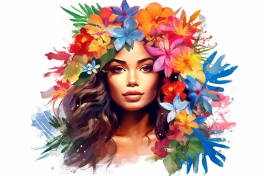 Beautiful hawaiian woman with colorful vibrant tropical flowers, watercolor clipart