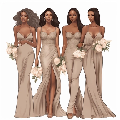 clipart, ultra realistic, hand drawn, Bridesmaids wearing the color taupe, carring bouques of summer florals, Full body. Clothing line, retail fashion, 2023, fashionnova, African american, mid sized models. Highly detailed. very attractive, glamorous, make up beautiful, gorgeous, glowing make - up. full body and heels. multiple outfits. individually spaced far apart. stunning hasina parker illustration, boss lady, clear, complete body, 4k