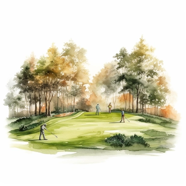 Idyllic watercolor clipart of a perfectly striped putting green scene with golfers in Springtime, isolated on a pure white background, insane detail,