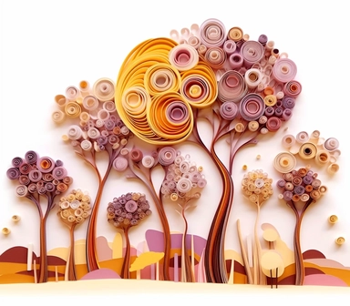 africa accacia trees landscape, art of quilling clipart, gold and glory pastel mute soft colors, illustration, white solid background,