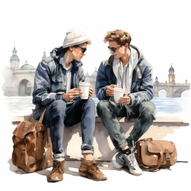 Travel Watercolor Clipart, two young men, best friends, drinking coffee ,19 blue themed, single object, isolated on white background, highly detailed, hand painted watercolor illustration by Cath Kidston, Emma Bridgewater, png transparent background, white background for removing background - - no text shadow font watermark