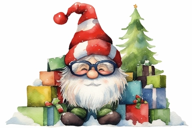 adorable christmas gnome with hat covering his eyes, colorful vibrant, red green white, christmas tree and presents, watercolor clip art