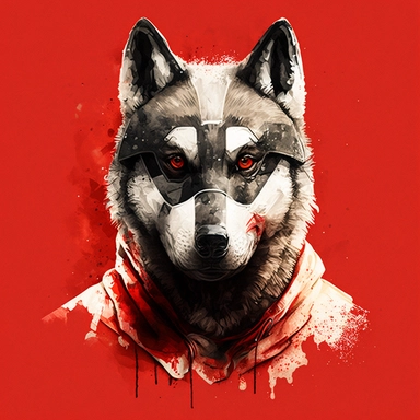 Wolf Wearing call of duty ghost mask Portrait looking at the camera watercolor illustration, Painting, Animal Illustration, clipart isolated on red ,by George Stubbs