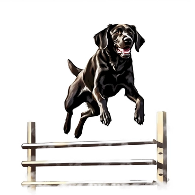 A clipart of a Labrador Retriever performing a high jump during a dog agility competition, designed on a white background.