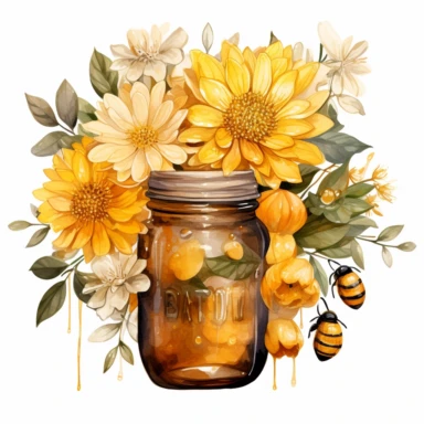 An ultra-detailed watercolor clipart illustration, drawn with a thick watercolor line, adorned with [honey jar with flowers] with the bouquet, isolated on a white background, in the style of ultra-realistic watercolor clipart illustrations, intricately detailed watercolor clipart illustrations, hyperrealistic watercolor clipart illustrations, and high-resolution watercolor clipart illustrations