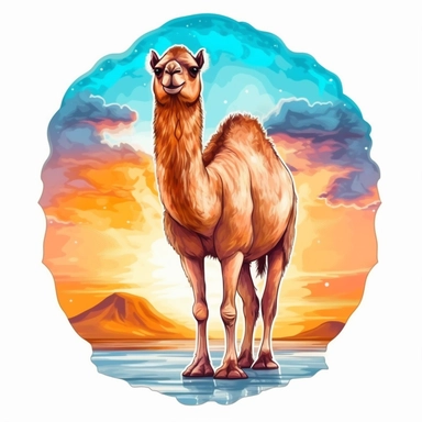Cute beautiful camel standing in front of sunset, sublimation, summer time, watercolor, clipart, illustration, digital art, for tshirt, simple design, clean, highly detailed, 8k, white background