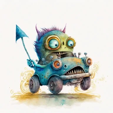 whimsical creepy fantasy creature driving a hot rod, watercolor, concept art, clipart