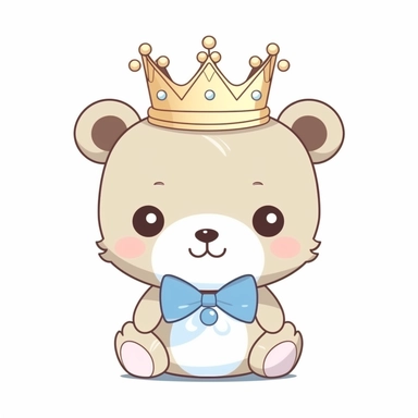 clipart, cute kawaii baby teddy bear wearing crown and blue bowtie, light beige, white background