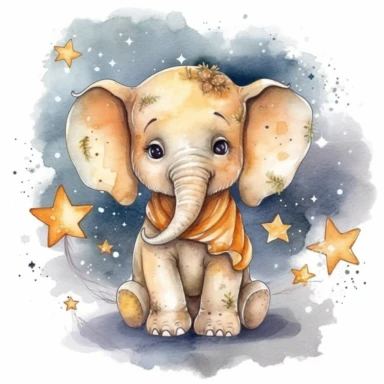 clipart de acuarela de dibujo infantil de elefante con luna y estrellas amarillassobre fondo trasero blanco, super detallado, 16k, full color, fotorealista, obra maestra, manchas de acuarela