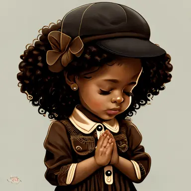 clipart style Afro Latina 7 years old, praying, happy praying hands, curly dark brown hair wearing a beret hat, closed eyes, short sleeve summer dress, dress over the knees.