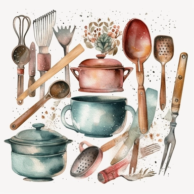 watercolor vintage cooking utensils clipart no background, 4K