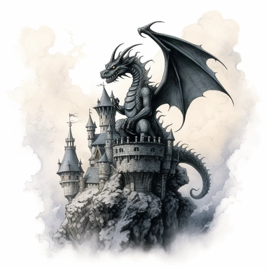 dragon sitting on a castle with thick black smoke rising around it, tattoo design by twilight designs, in the style of david nordahl, jean-baptiste monge, farel dalrymple, fantastical street, high resolution, imaginative characters, clipart, blank white background