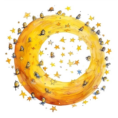 a lot of little yellow stars flying in a spiral. Pixar childrens book cartoon style, detailed, modern, urban, watercolor, full color, flat color, white background, children book illustration. Watercolor clipart. Pixar animation