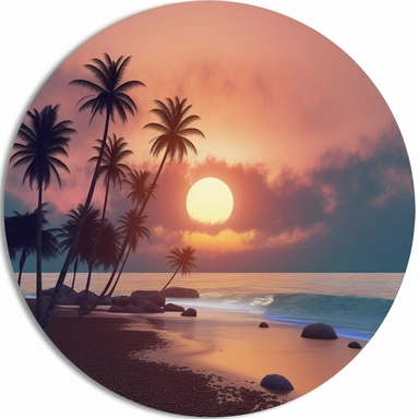 clipart of a beach, sunset, photograph style, detailed, high quality, white circle background