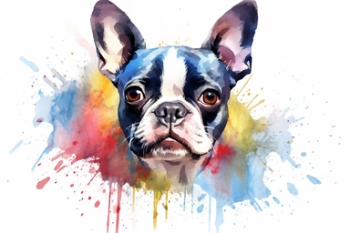Watercolor, Boston Terrier Dog , clipart, hd, on a white background, spaced out