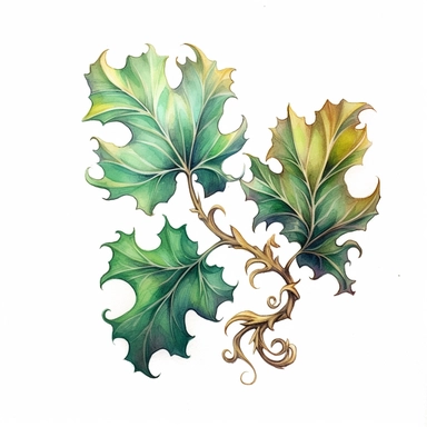 two dimensiona, oak leaves, simple vines of green leaves, iconic, wind, fanstasy, free brushstrokes, magical, watercolour illustration. colourful, white background isolated. aquarellist, fantasy, cute, clipart, cottagecore,