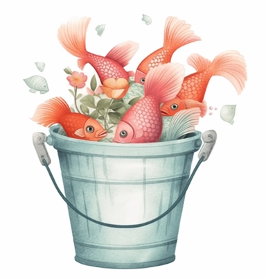 fish basket, basket, bucket, bucket, bucket with fish doodles, bucket of fish, fish clip art, free fish clipart, fish clip art, in the style of nicoletta ceccoli, pink and aquamarine, floral explosions, flowing surrealism, esao andrews, emil carlsen, feminine sticker art
