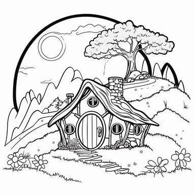 Coloring book page for kids, a hobbit house in a hill, clipart, cartoon kids style hand drawn line art, black and white
