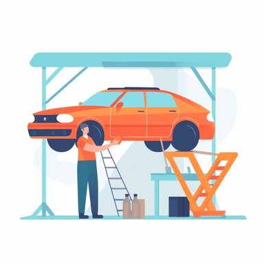vector design, mechanic repairing car in garage, flat modern illustration, clipart, very simple picture, white background, soft gradient transition, in the style of warm color palette, natural pastel colors, in red-orange, blue-green, pale green colors, object portraiture specialist, uniformly staged images, animated illustrations