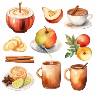 Merry Christmas and Happy New Year set. Watercolor collection with a choice of hot drinks:apple cider,tea,chocolate,cappuccino.Handpainted watercolor clipart
