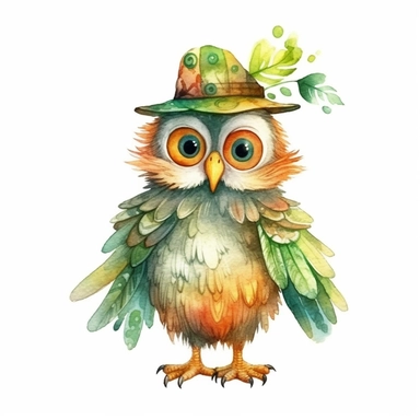 a Cute Happy Owl in the style of Watercolor Kate Greenaway Clipart, White Background
