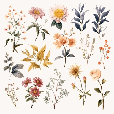 beautiful floral clipart set with flowers, leaves, and branches, clipart, isolated on white background, bojo, vintage, lithograph, 32k uhd, texture