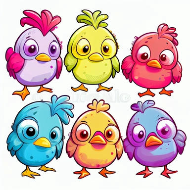 funny pink, yellow, blue, orange, and green chickens with ideal eyes, face, wings and legs, after pinnata party, hight detailed faces, cartoon style, white background, black outside lines, designs, white background, watercolor pencil drawing, small details, digital art, clipart, super acurate, –testp, pixar,