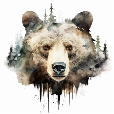 double exposure, bear head and forest,watercolor,white background,clipart