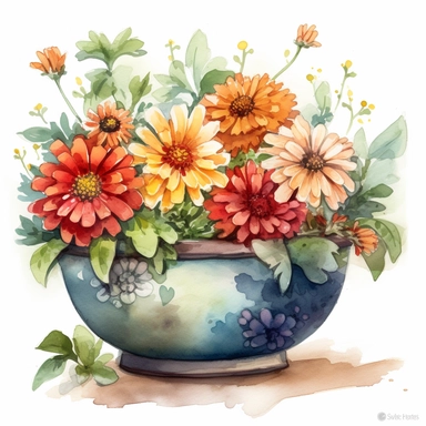 Design a watercolor clipart vignette of zinnia flowers in a colorful ceramic bowl, using the Michelangelo-inspired Watercolor Haven style on a white background. Focus on the rich color palette, intricate details, and the beauty of the zinnia flowers, making it a versatile element for home or garden-themed projects.