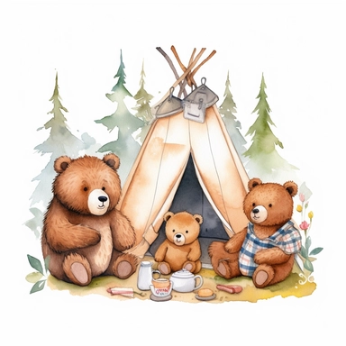 Bear Family Camping Watercolor Sublimation Clipart, Clipart, white background, no watermark, no text, no word,