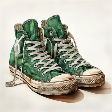 green hand drawn , watercolor, hyper realistic, white background, white margins, 16k, ultra detailed clipart, cut out image, hand-drawn, ultra HD, sharp and clean art , a pair of vintage old worn sneakers 1940 -1950 era , capturing the romantic and feminine aesthetics often associated with vintage fashion and travel, Clipart