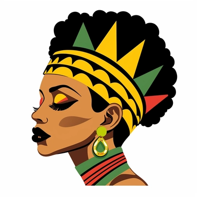 Clipart style, close in the face of a black woman. Her eyes are closed. Her eyelids are colored with the colors of the jamaica flag. She have a golden crown in her black power hair