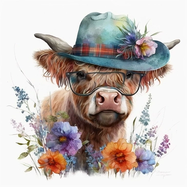 Vibrant watercolor clipart: highland calf amidst flowers, wearing hats and glasses. Playful and charming. HD. Resolution: