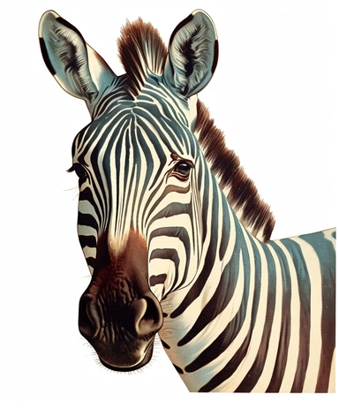 Vintage 1920 Front View Portrait of Zebra Head looking at the camera Illustration , Chromolithograph, Die Cut, 1920s Illustration, Vintage, Chromolithograph, Colorful, Antique, Ephemera, Clipart, 8k, Isolated on white