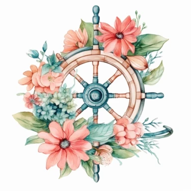 Watercolor hand drawn nautical / marine / floral illustration with steering wheel & flower bouquet with green leaves arrangement. Icon, object, corner, frame clipart for invitations, decoration, DIY.