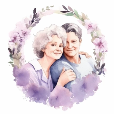 cute watercolor clipart with pale skinned older mom and adult son hugging echother in circle, beautiful, hight quality, pastel colors, white background, decorated with lilac flowers