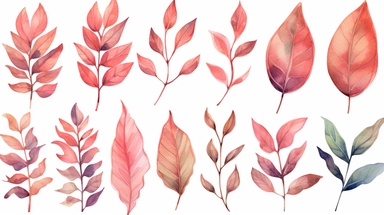 watercolor, set of foliage, greenery, clipart with leaves and branches, beautiful shades of Reds, Pinks and Browns tones, perfect for decorating your creative projects, scrapbooking, or any creative design, 12 separate, individual images in this set, transparent backgrounds