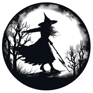 clipart image of a bright full moon with the silhouette of a witch in black with a witch's hat flying across the moon on her broom. Vector, white background