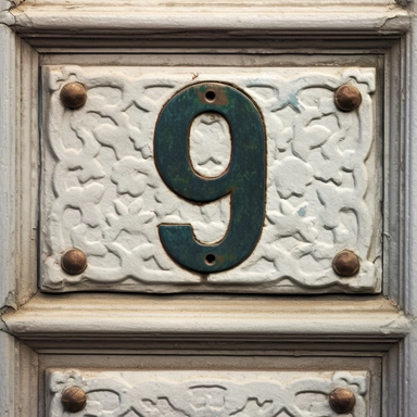 clipart illustration, realistic, photorealism, photo, extreme close-up, house number, 9, nine, new enamel street sign, Europe,