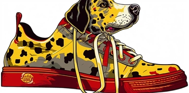 animal clip art spotted dog clipart, in the style of japanese traditional art influence, yellow and red, shoe paintings, trompe-l'œil illusionistic detail, aerial view, cultural satire graffiti, double lines