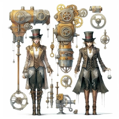 steampunk victorian prototype, full body, watercolor, gears, pinions, calipers, clocks, rivets, top hat, clipart, duo tone, realistic, ultra resolution, vivid detail, 8k, minimal watercolors, white background
