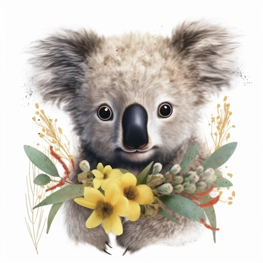 lashes, super lovely, nursery, close-up of an koala flower. The koala has fluffy fur with black markings, large ears, and bright eyes. It is standing on top of a white background. vintage clothing hyper realistic 8k clipart*
